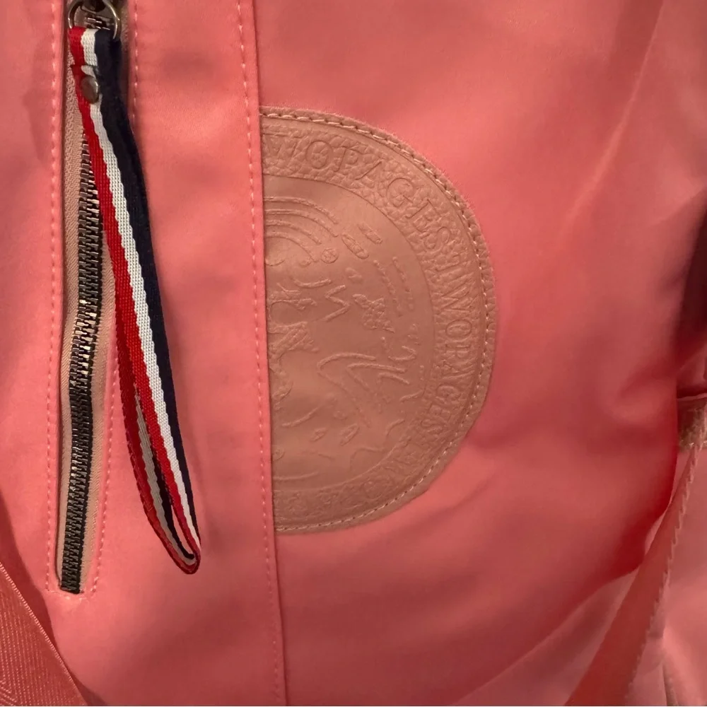 🎀 Coral Pink Nylon Backpack with Embossed Medallion Logo 🎀